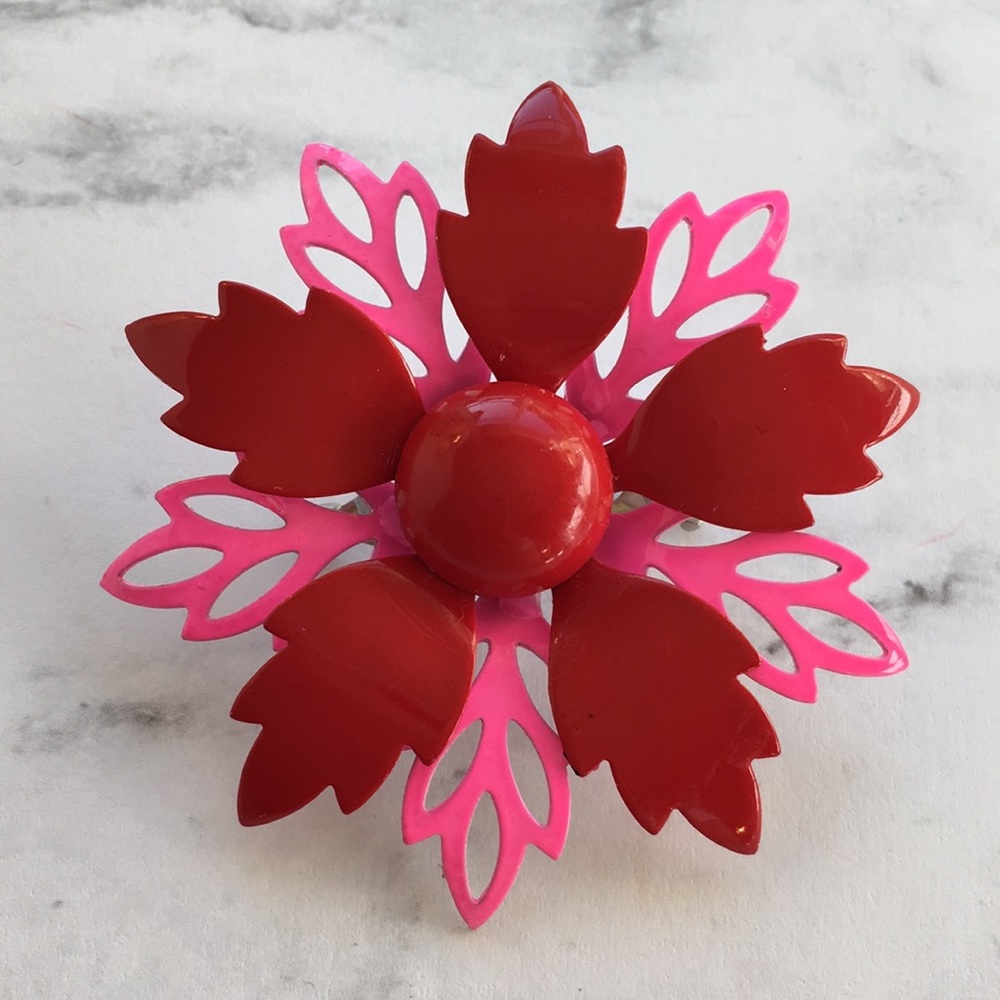 Vintage flower brooch pin Pink & Red & Fantastic - Picture 3 of 8